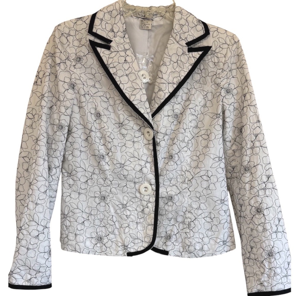 Nikki Valenti Womens White Black Floral Embroidered Cotton Blazer Jacket Size 6